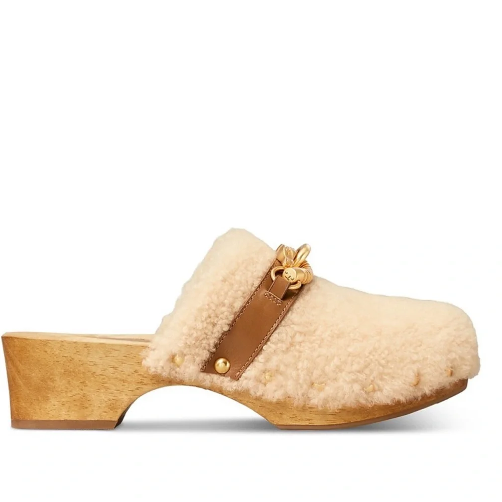 Tory Burch Shearling Jessa Studded Clog Shoe Women's Size 8.5